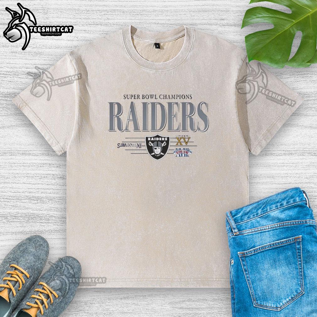 Premium Las Vegas Raiders Super Bowl Champions XI XV XVIII washed t-shirt showcasing team pride and vintage style.