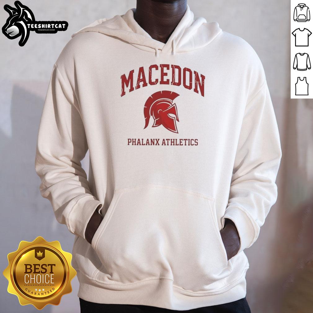 Alt Text: Premium Macedon Phalanx Athletics Spartan Helmet Logo Hoodie showcasing a bold design for athletic wear enthusiasts.