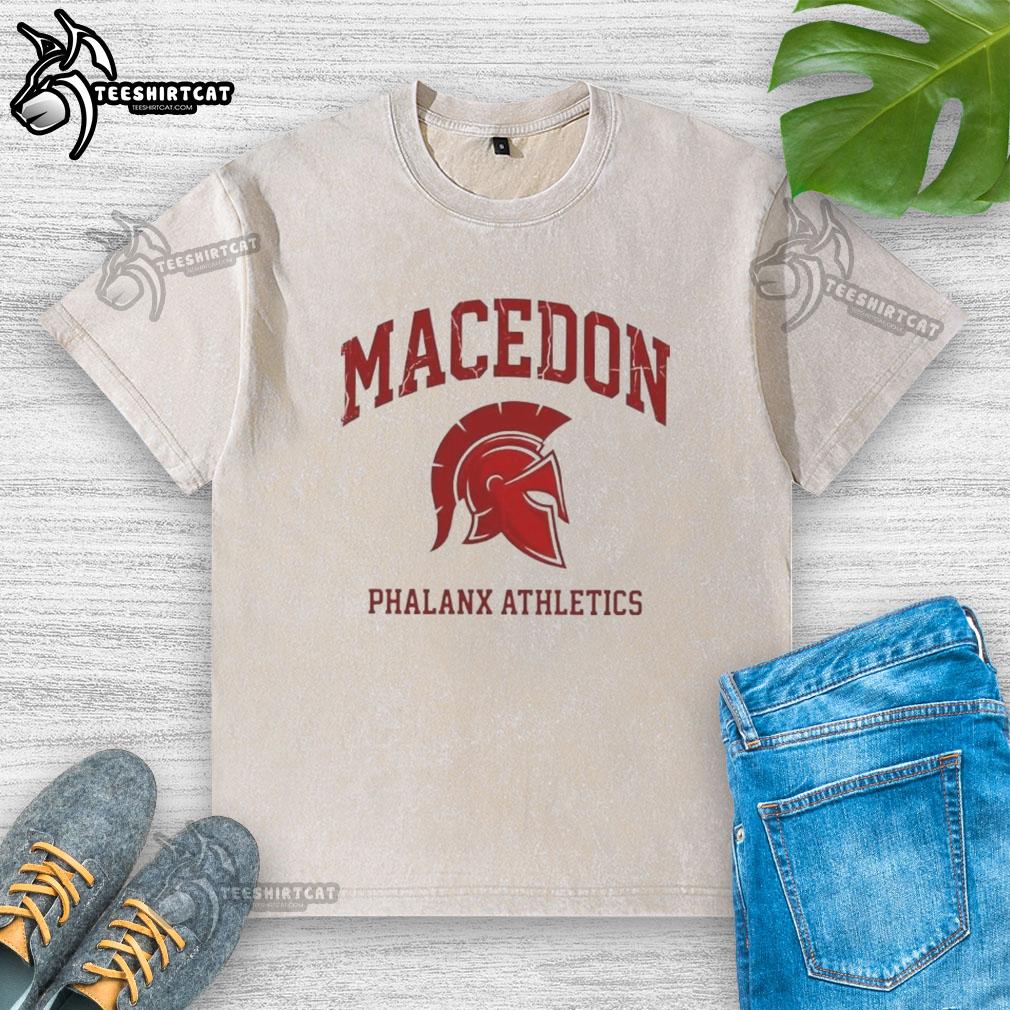 Premium Macedon Phalanx Athletics Spartan Helmet Logo on a washed t-shirt, ideal for sports enthusiasts.