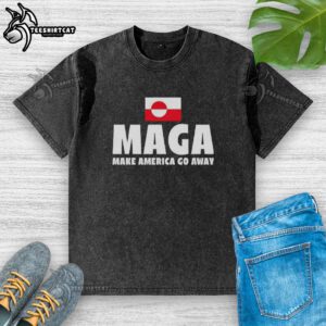 Alt Text: Premium Make America Go Away Greenland Flag Washed T-Shirt featuring a stylish design and vibrant colors.