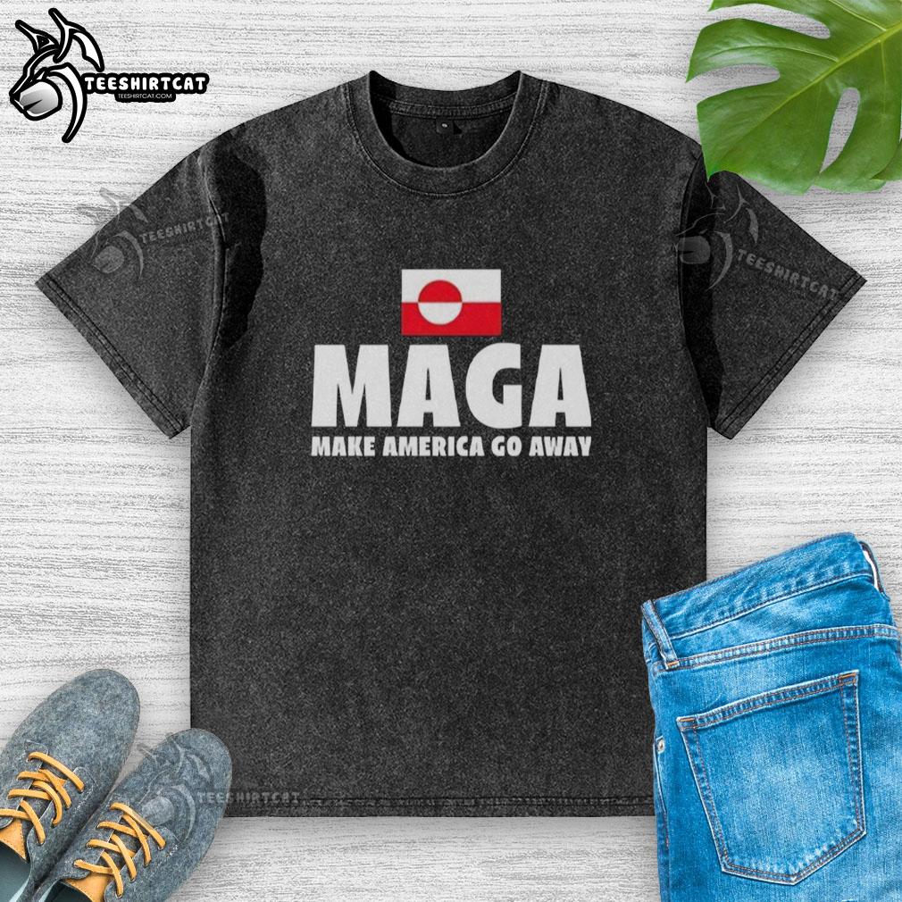 Alt Text: Premium Make America Go Away Greenland Flag Washed T-Shirt featuring a stylish design and vibrant colors.