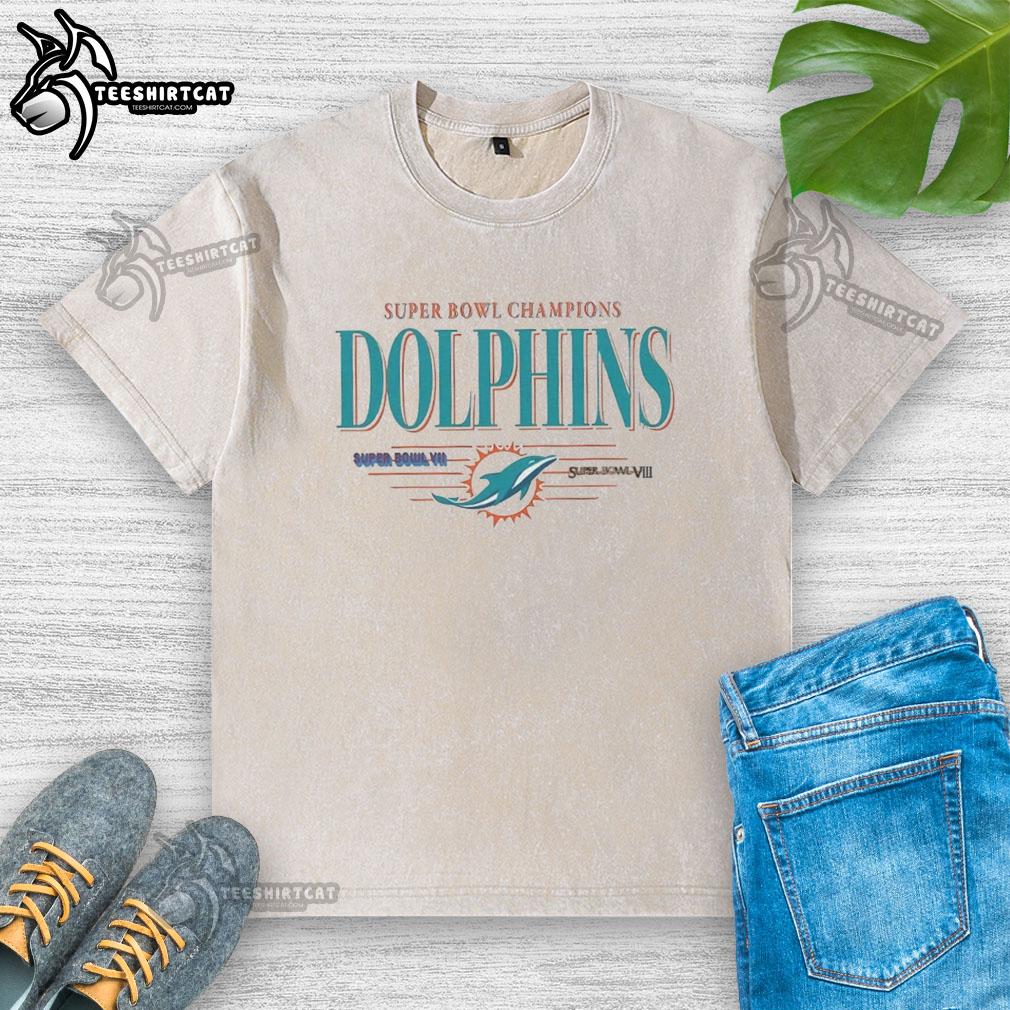 Premium Miami Dolphins NFL Super Bowl Champions vintage logo washed t-shirt showcasing team pride and championship spirit.