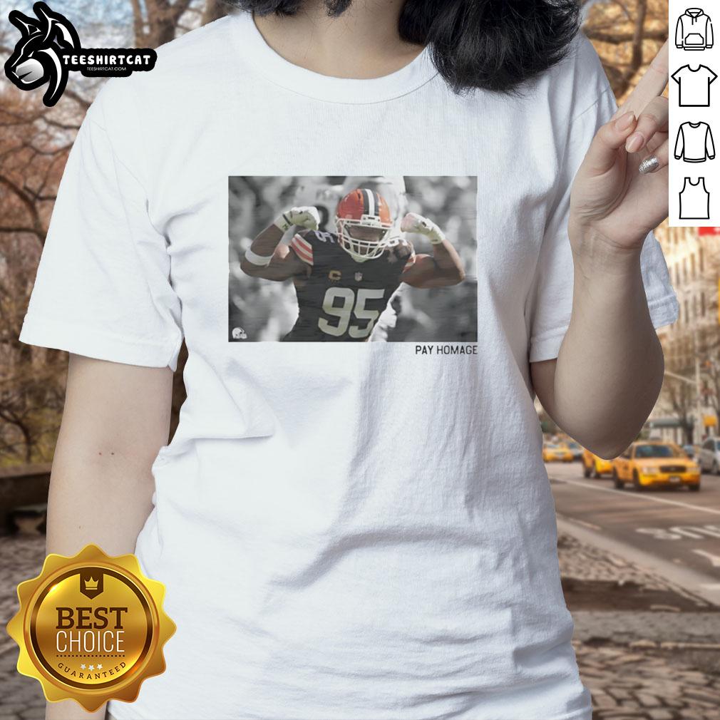Premium Myles Garrett Pay Homage Ladies Tee featuring stylish design and vibrant colors for female fans of football.