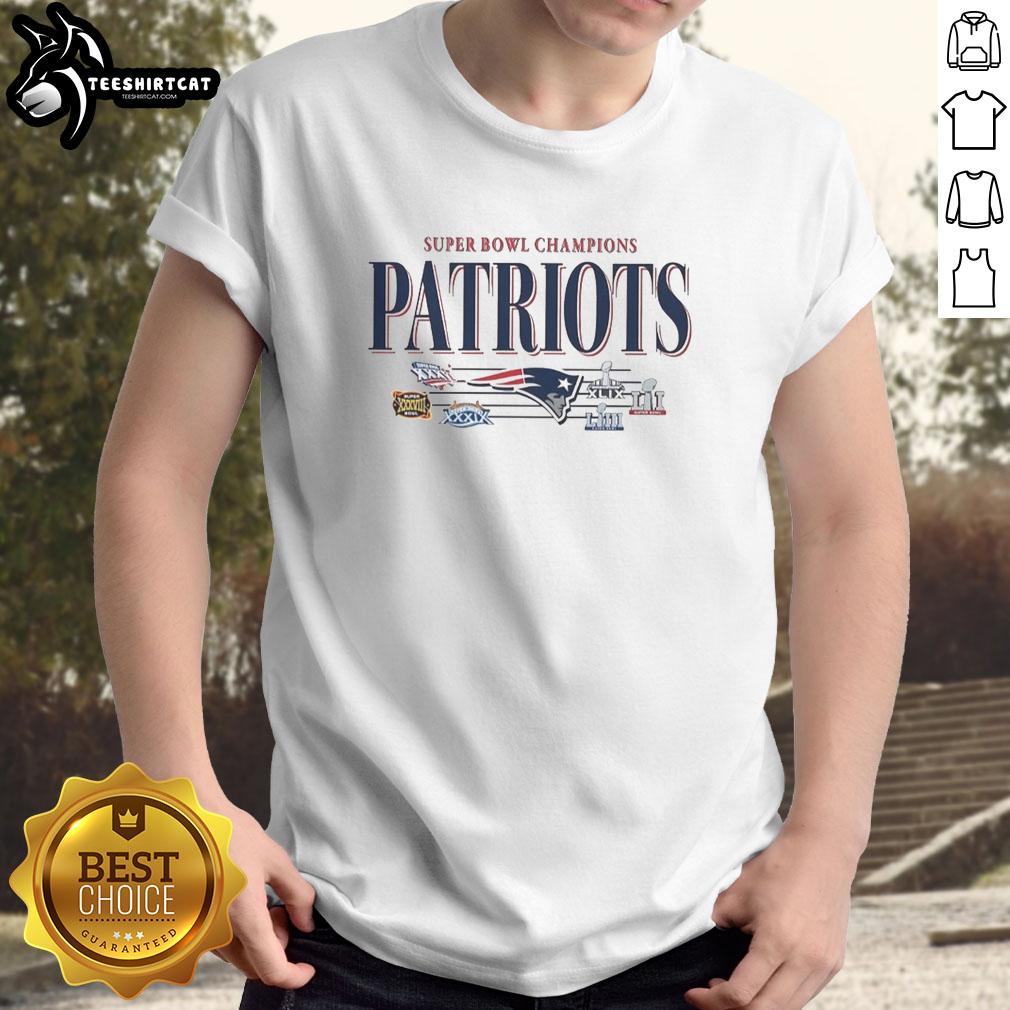Alt Text: Premium New England Patriots NFL Super Bowl Champions vintage logo T-shirt showcasing team's championships.