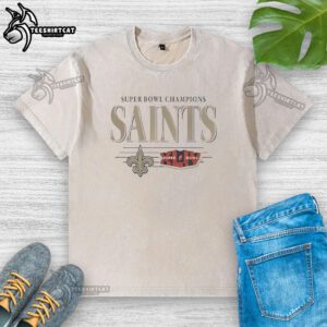 Premium New Orleans Saints Super Bowl Champions XLIV washed t-shirt featuring team logo and retro design.