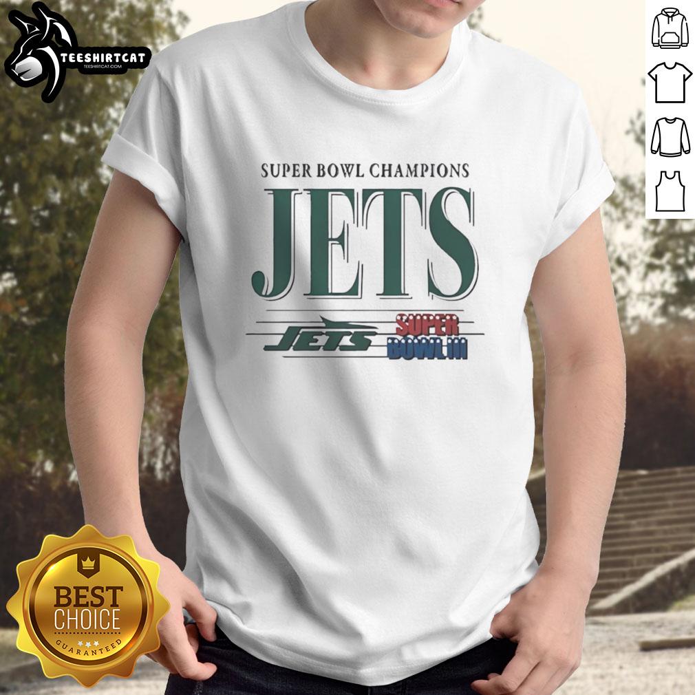 Alt Text: Premium New York Jets Football Super Bowl Champions III T-Shirt featuring team colors and logo, perfect for fans.