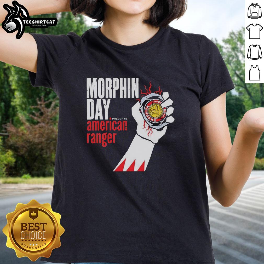 Alt Text: Premium Power Rangers Morphin Day American Range Ladies Tee featuring vibrant graphics and a comfortable fit.