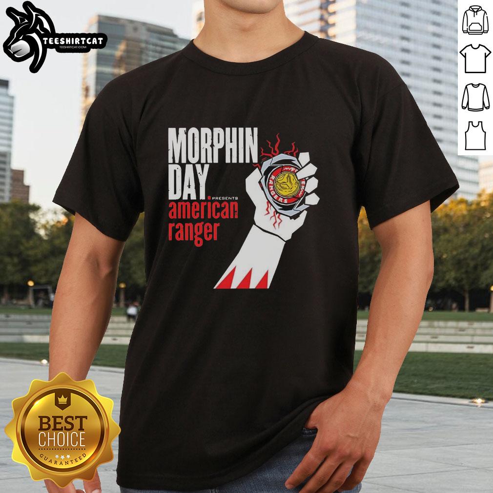 Premium Power Rangers Morphin Day t-shirt featuring vibrant graphics and American range design, perfect for fans.