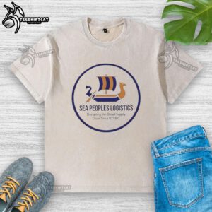 Alt Text: Premium Sea Peoples Logistics logo on a washed t-shirt, symbolizing disruption in global supply chains since 1177 BC.