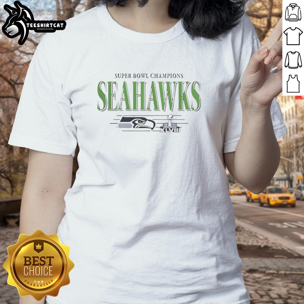 Premium Seattle Seahawks Super Bowl Champions XLVIII Trophy vintage ladies tee showcasing team pride and style.
