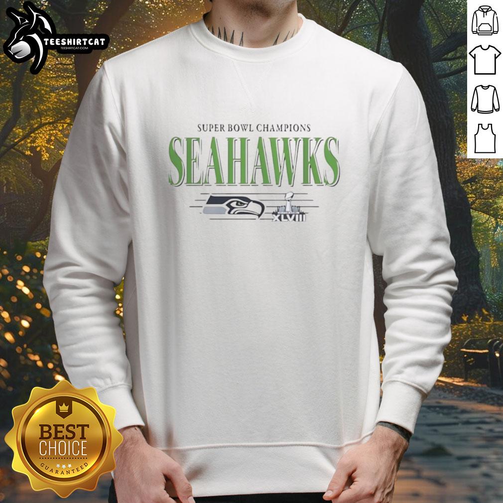 Alt Text: Premium Seattle Seahawks Super Bowl Champions XLVIII trophy vintage sweatshirt featuring team colors and logo.