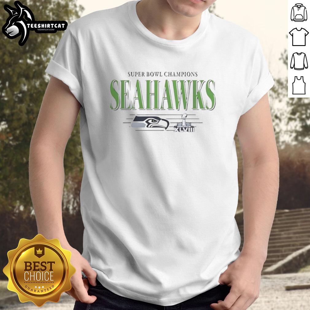 Alt Text: Vintage Premium Seattle Seahawks Super Bowl Champions XLVIII Trophy T-Shirt featuring iconic team logo and colors.