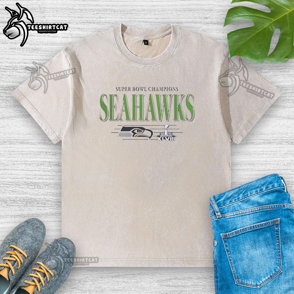 Alt Text: Vintage washed t-shirt featuring the Premium Seattle Seahawks Super Bowl Champions XLVIII trophy design.