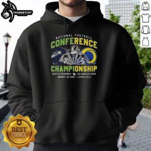 Premium Seattle Seahawks vs Los Angeles Rams NFC 2025 hoodie featuring team logos and vibrant colors.