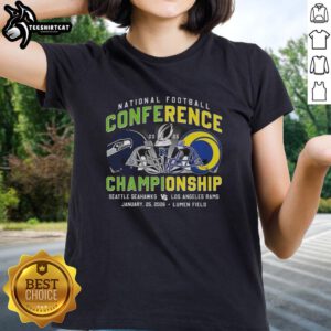 2025 Premium Seattle Seahawks vs Los Angeles Rams NFC helmet graphic on a ladies tee shirt, perfect for fans.