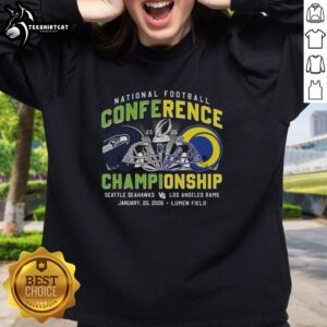 Premium Seattle Seahawks vs Los Angeles Rams 2025 NFC helmet sweatshirt showcasing team logos and vibrant colors.