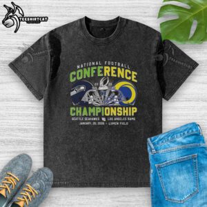 Alt Text: Premium Seattle Seahawks vs Los Angeles Rams NFC helmet graphic on a 2025 washed T-shirt, perfect for football fans.