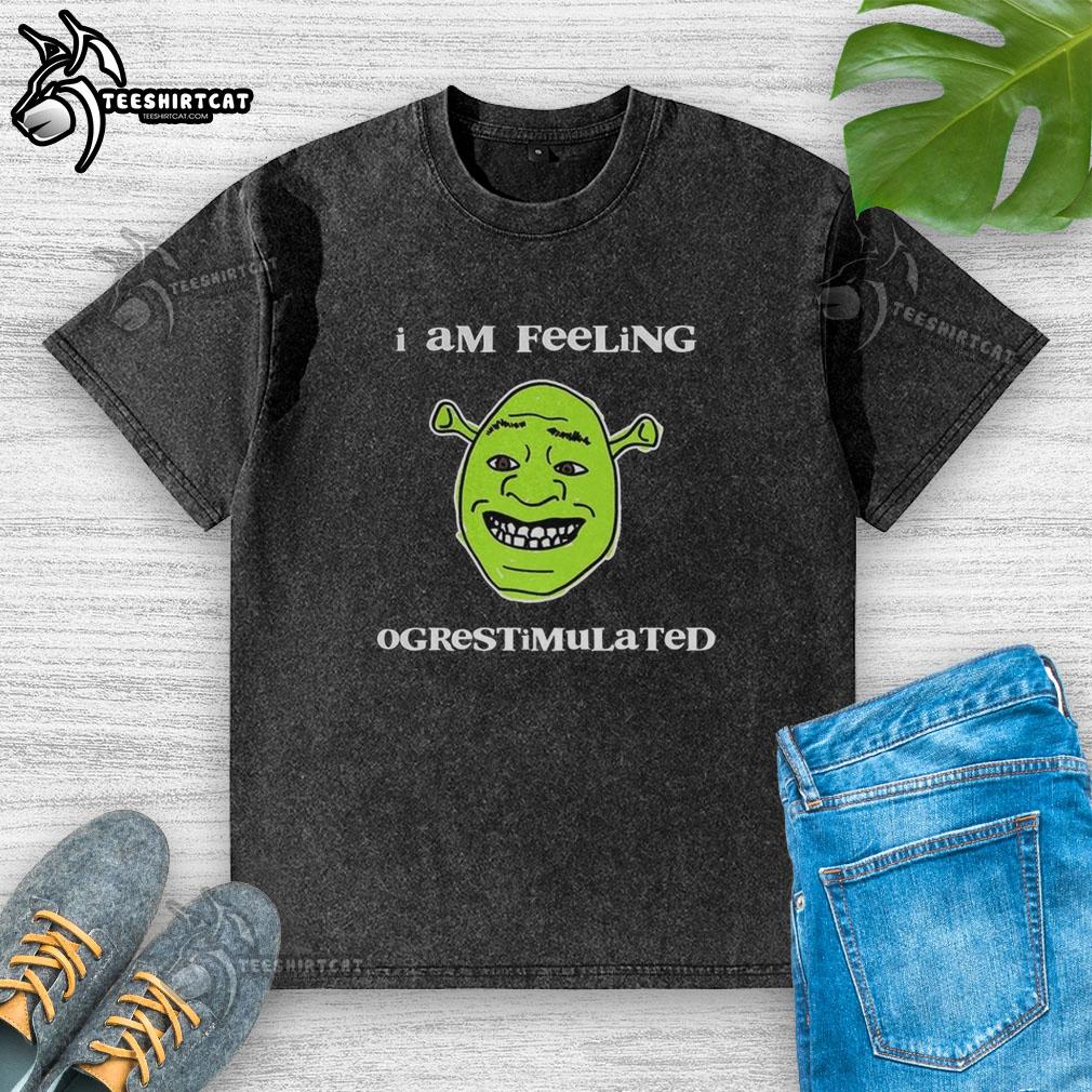 Premium Shrek 'I Am Feeling Ogrestimulated' washed t-shirt showcasing vibrant graphics and a comfortable fit.
