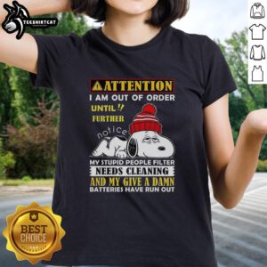 Alt Text: Premium Snoopy Out of Order ladies tee with a humorous message about needing a filter cleaning. Perfect for casual wear.