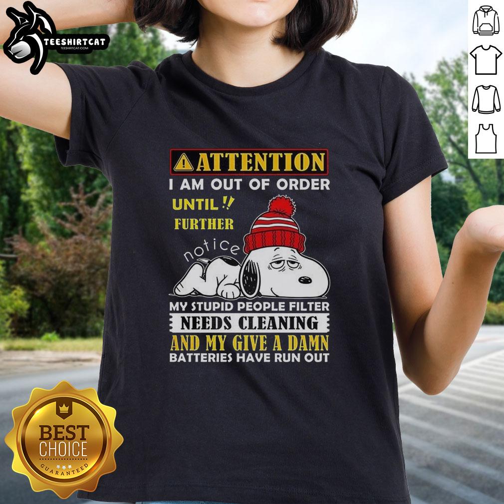 Alt Text: Premium Snoopy Out of Order ladies tee with a humorous message about needing a filter cleaning. Perfect for casual wear.