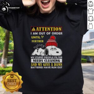 Premium Snoopy sweatshirt with 'Out of Order' message, perfect for fans seeking humor and comfort in casual wear.