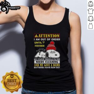 Premium Snoopy tank top with 'Out of Order' message, humorously referencing a filter cleaning. Perfect for casual wear.