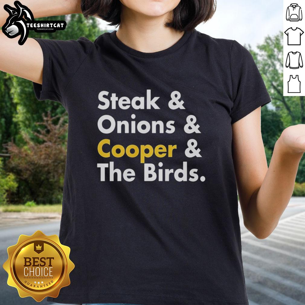 Premium steak and onions graphic on a stylish ladies tee featuring Cooper and the Birds design.