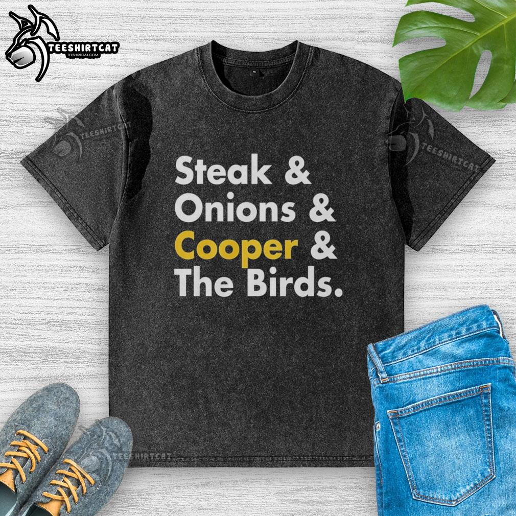 Premium steak and onions graphic on a Cooper and The Birds washed t-shirt, showcasing unique food-inspired fashion.