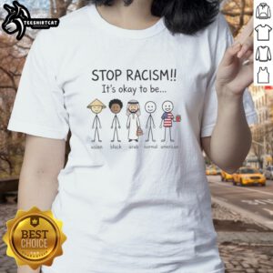 Premium 'Stop Racism' Tee featuring diverse women celebrating Asian, Black, Arab, and American identities. Shop now!