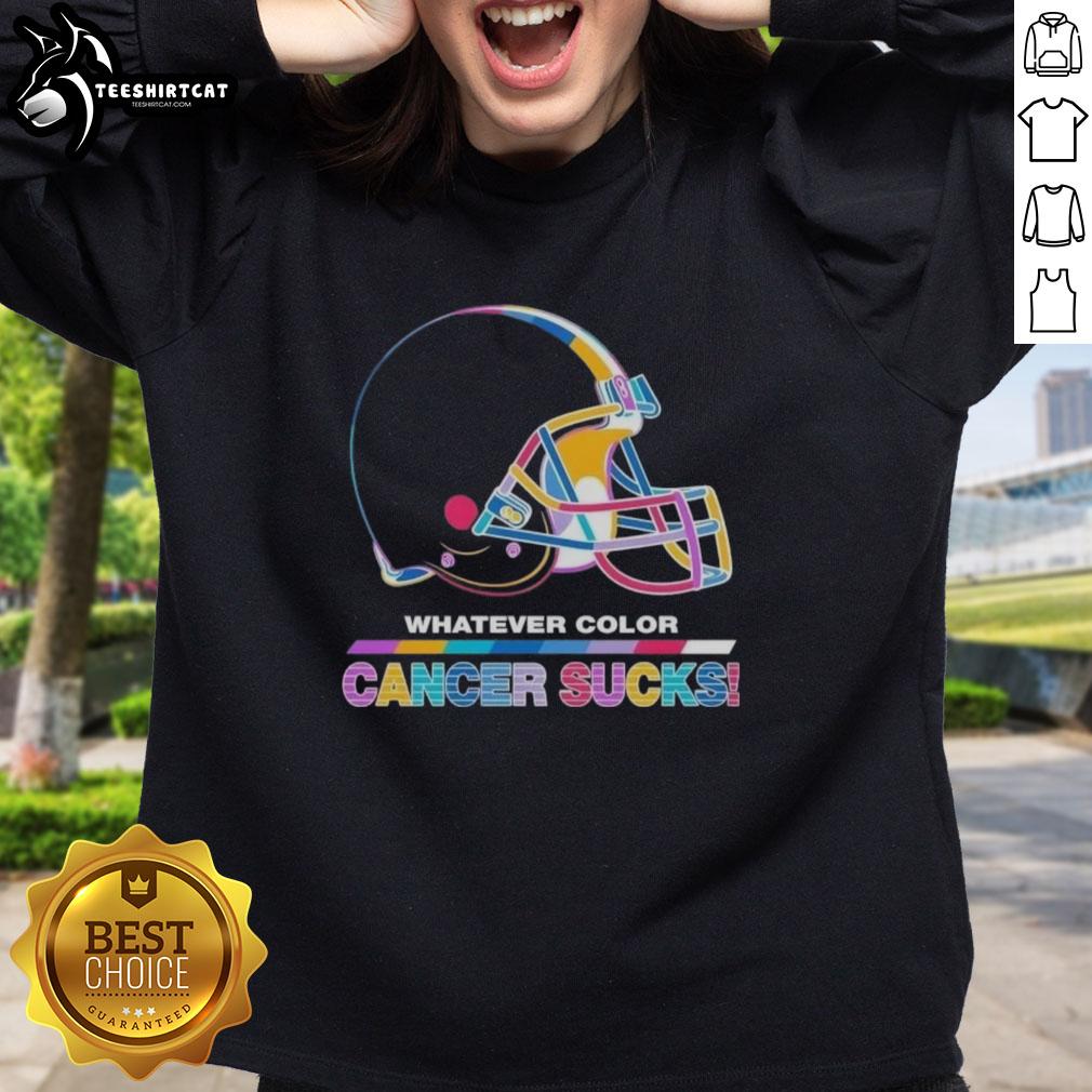 Pretty Cleveland Browns football sweatshirt featuring 'Cancer Sucks' logo in team colors, perfect for fans and supporters.