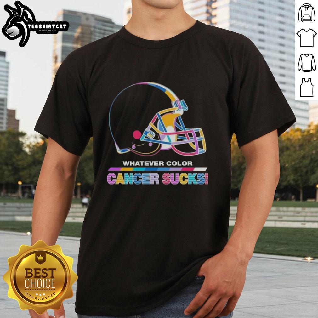 Alt Text: Cleveland Browns football t-shirt featuring vibrant colors and 'Cancer Sucks' logo, perfect for supporters and awareness.