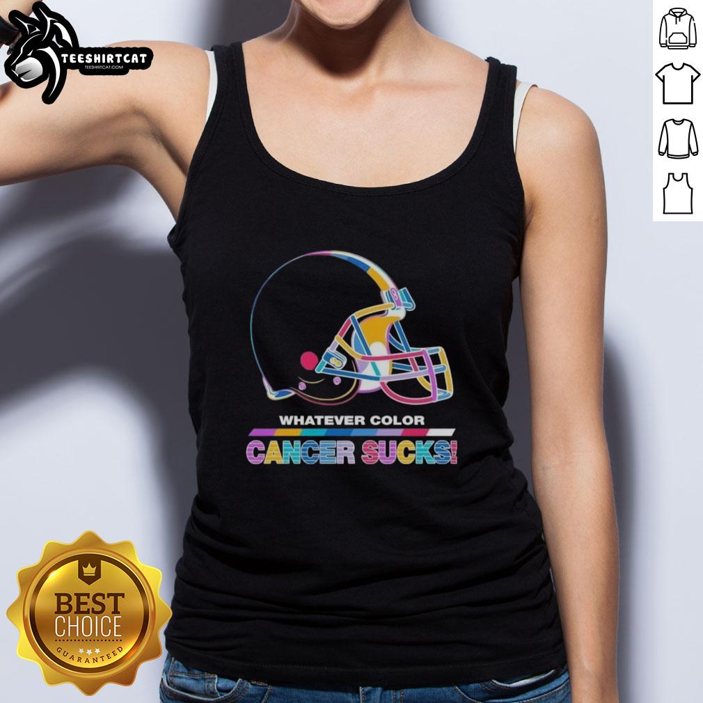 Pretty Cleveland Browns football tank top with colorful 'Cancer Sucks' logo, perfect for sports fans and cancer awareness.