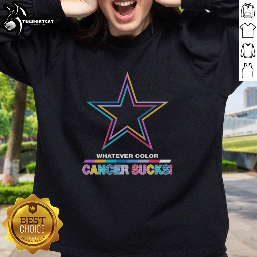 Stylish Dallas Cowboys sweatshirt featuring colorful 'Cancer Sucks' logo for football fans and cancer awareness.