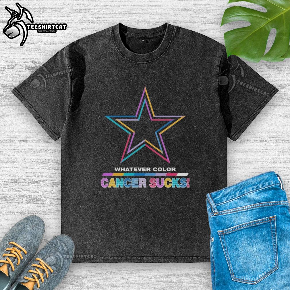Alt Text: Pretty Dallas Cowboys football t-shirt in vibrant colors, promoting cancer awareness with stylish logo design.