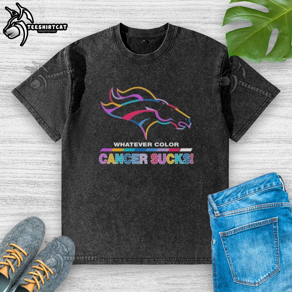 Pretty Denver Broncos football t-shirt in colorful design, supporting cancer awareness with logo colors.