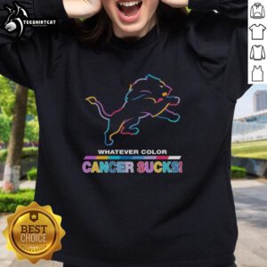 Pretty Detroit Lions Football sweatshirt featuring colorful 'Cancer Sucks' logo, perfect for team spirit and awareness.