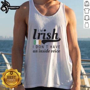 Model wearing a 'Pretty I'm Irish, I Don't Have an Inside Voice' tank top with the Republic of Ireland flag design.