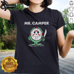 Pretty Mr. Camper cosplay featuring Jason Voorhees ladies tee, perfect for Halloween or horror movie fans.