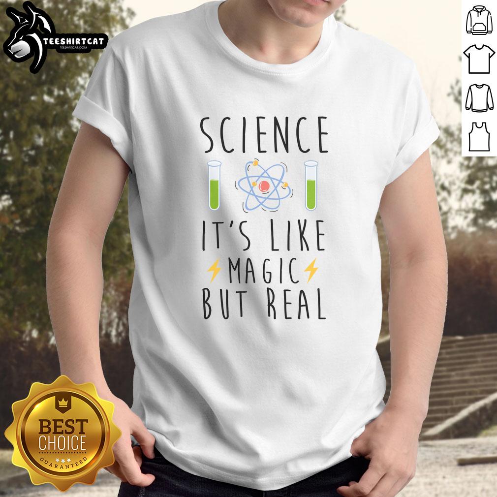 Pretty Science It's Like Magic But Real T-Shirt design featuring colorful graphics and a playful science theme.