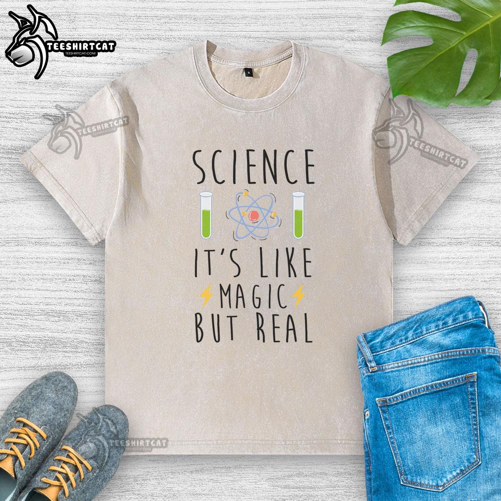 Alt Text: Pretty Science 'It's Like Magic But Real' washed t-shirt featuring colorful graphics and a trendy design.