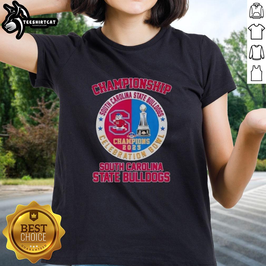 Alt Text: Ladies tee featuring the South Carolina State Bulldogs Celebration Bowl Champions 2025 logo in vibrant colors.