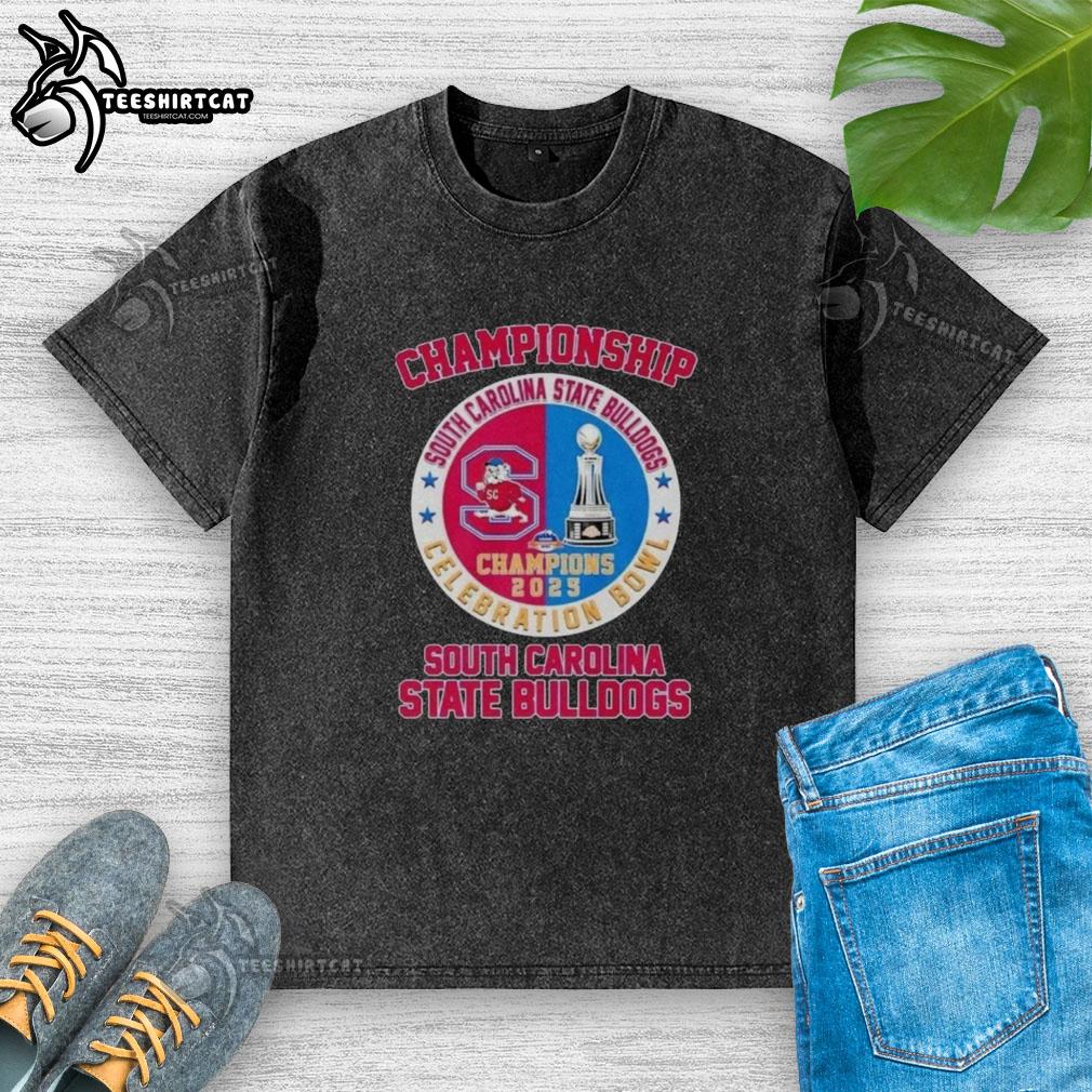 South Carolina State Bulldogs Celebration Bowl Champions 2025 logo on a washed t-shirt, showcasing team pride and style.