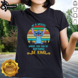 Retro ladies tee featuring 'Pretty Stitch' design, promoting kindness in a whimsical world. Perfect for casual wear.