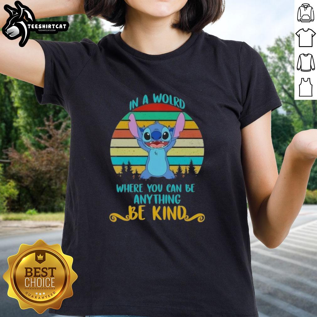 Retro ladies tee featuring 'Pretty Stitch' design, promoting kindness in a whimsical world. Perfect for casual wear.