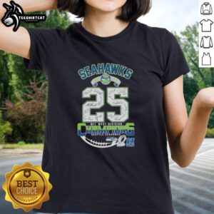 Seattle Seahawks 2025 NFC West Division Champions Ladies Tee with all signatures, celebrating team pride and victory.
