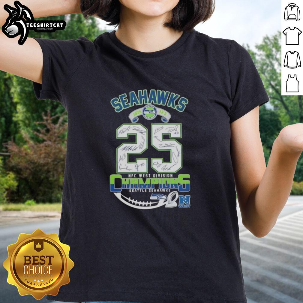 Seattle Seahawks 2025 NFC West Division Champions Ladies Tee with all signatures, celebrating team pride and victory.