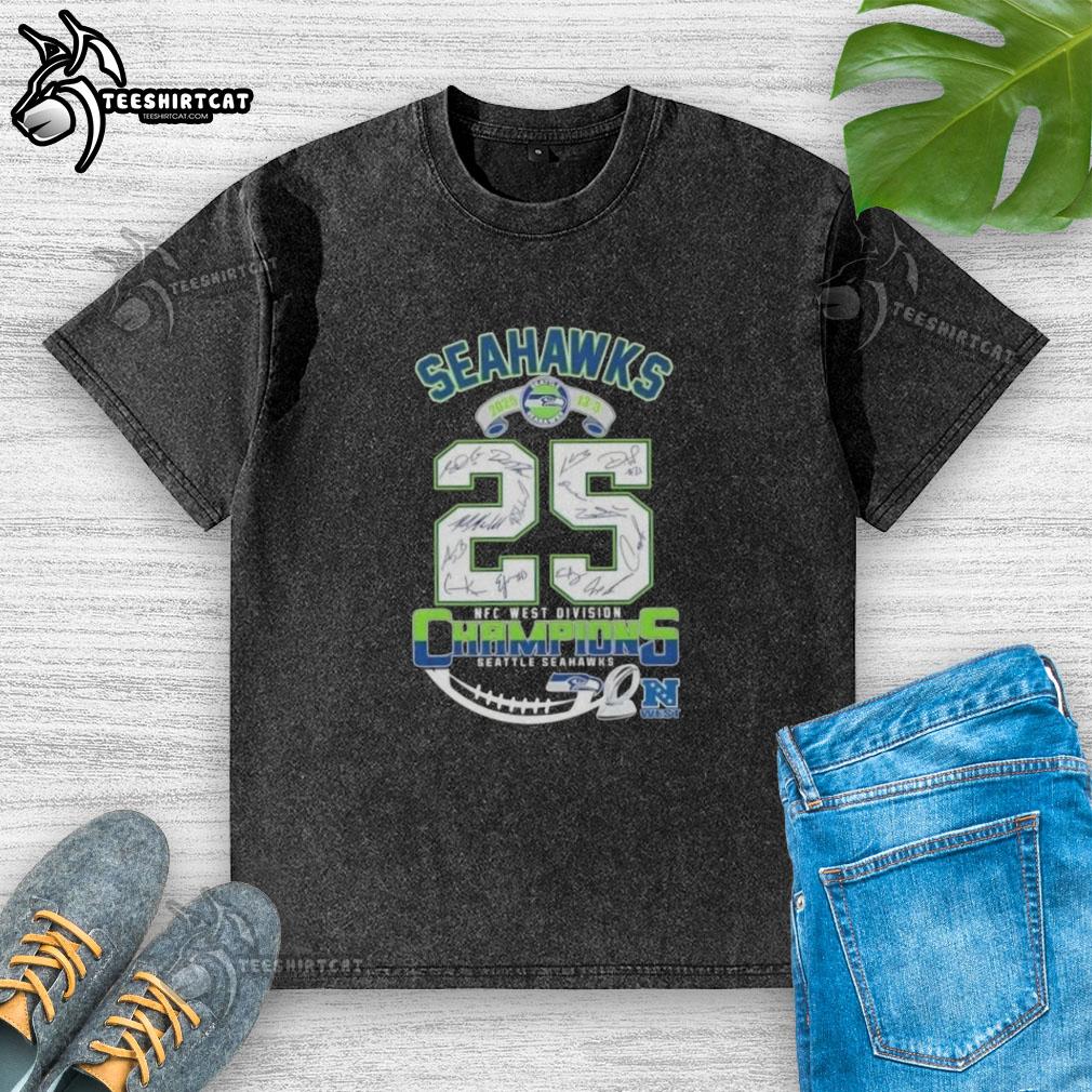 Alt Text: Seattle Seahawks 2025 NFC West Division Champions t-shirt featuring signatures, perfect for fans and collectors.