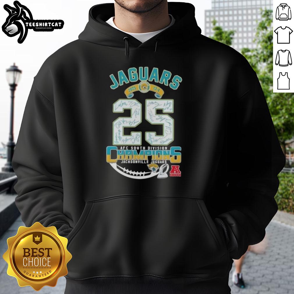2025 Jacksonville Jaguars AFC South Division Champions hoodie featuring all signatures, perfect for fans and collectors.