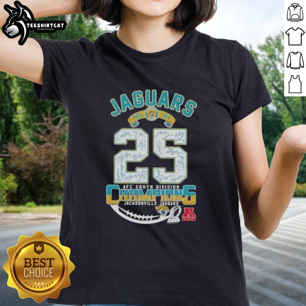 Ladies tee featuring signatures of the 2025 AFC South Division Champions Jacksonville Jaguars.