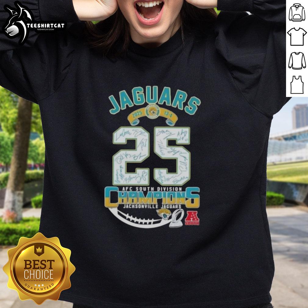 Alt Text: 2025 AFC South Division Champions Jacksonville Jaguars sweatshirt featuring all signatures and team logo.